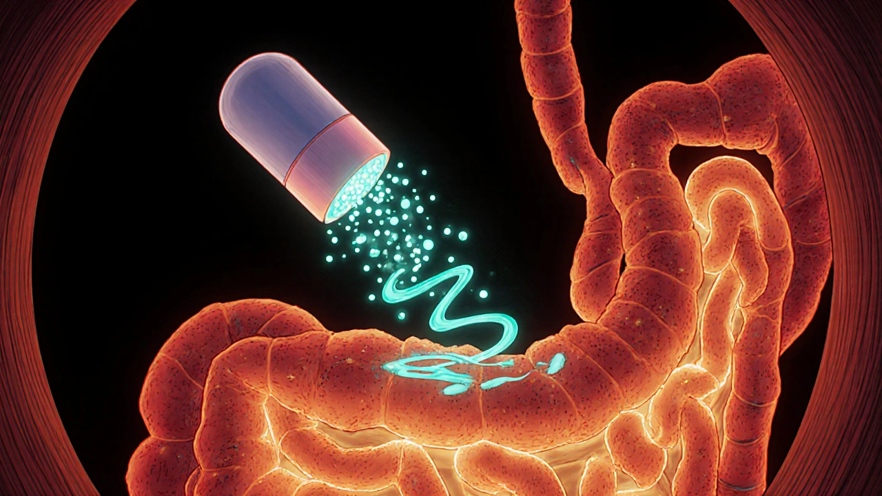 Budesonide particles glow as they coat inflamed intestines, reducing redness in a stylized gut tunnel.