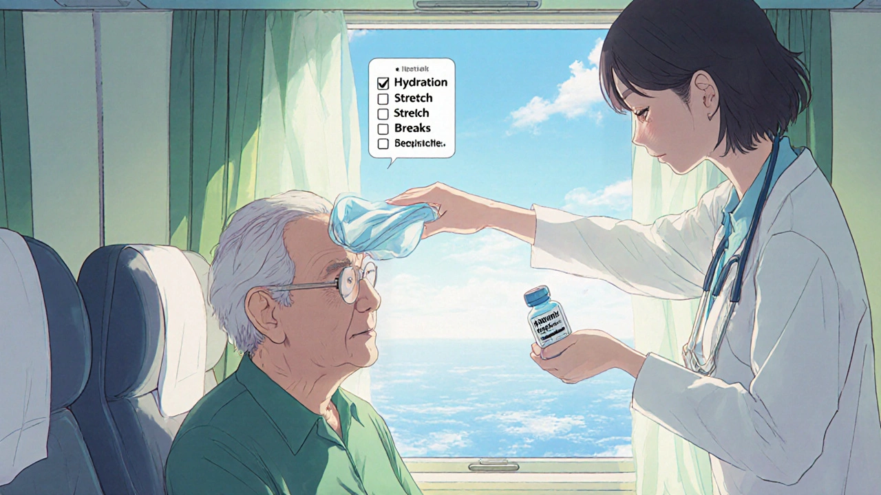 Caregiver helps senior during travel with horizon view, cold compress, and medication nearby.