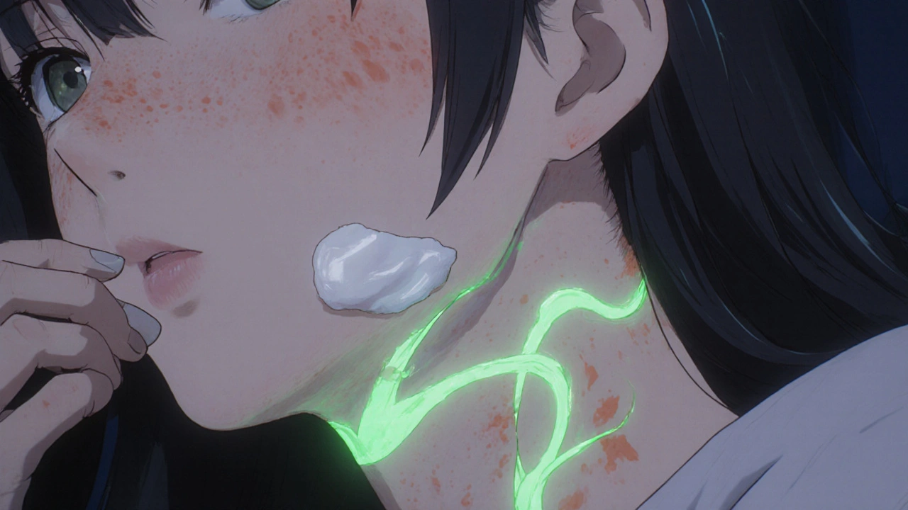 Close-up of a woman applying topical spironolactone gel to her jawline with bioluminescent effects.