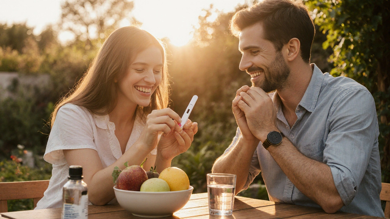 Couple in garden at sunrise, woman holds positive pregnancy test, healthy breakfast nearby.