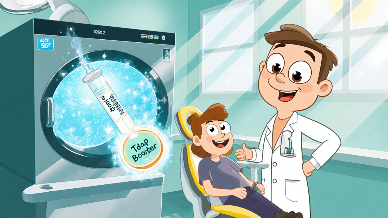 Disney‑style dentist using sterilized tools and giving a tetanus booster.