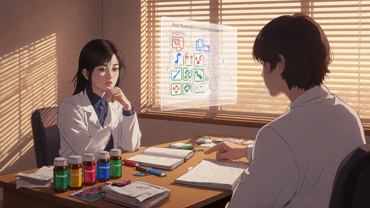 Doctor and patient discuss medication options at a desk with colorful vials and a faint side‑effect chart.