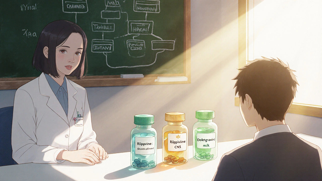 Doctor and patient discussing three glowing pill bottles on a table.