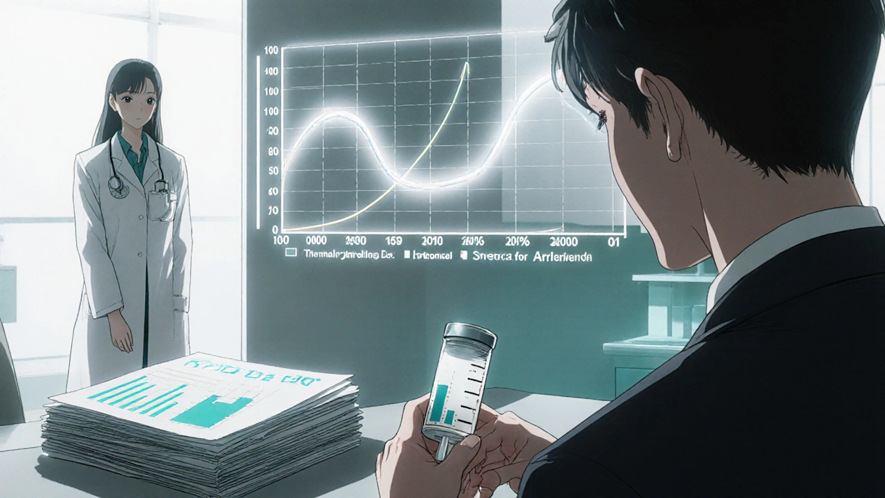 Doctor beside glowing pharmacokinetic curves comparing IR and XR, patient reviewing data.
