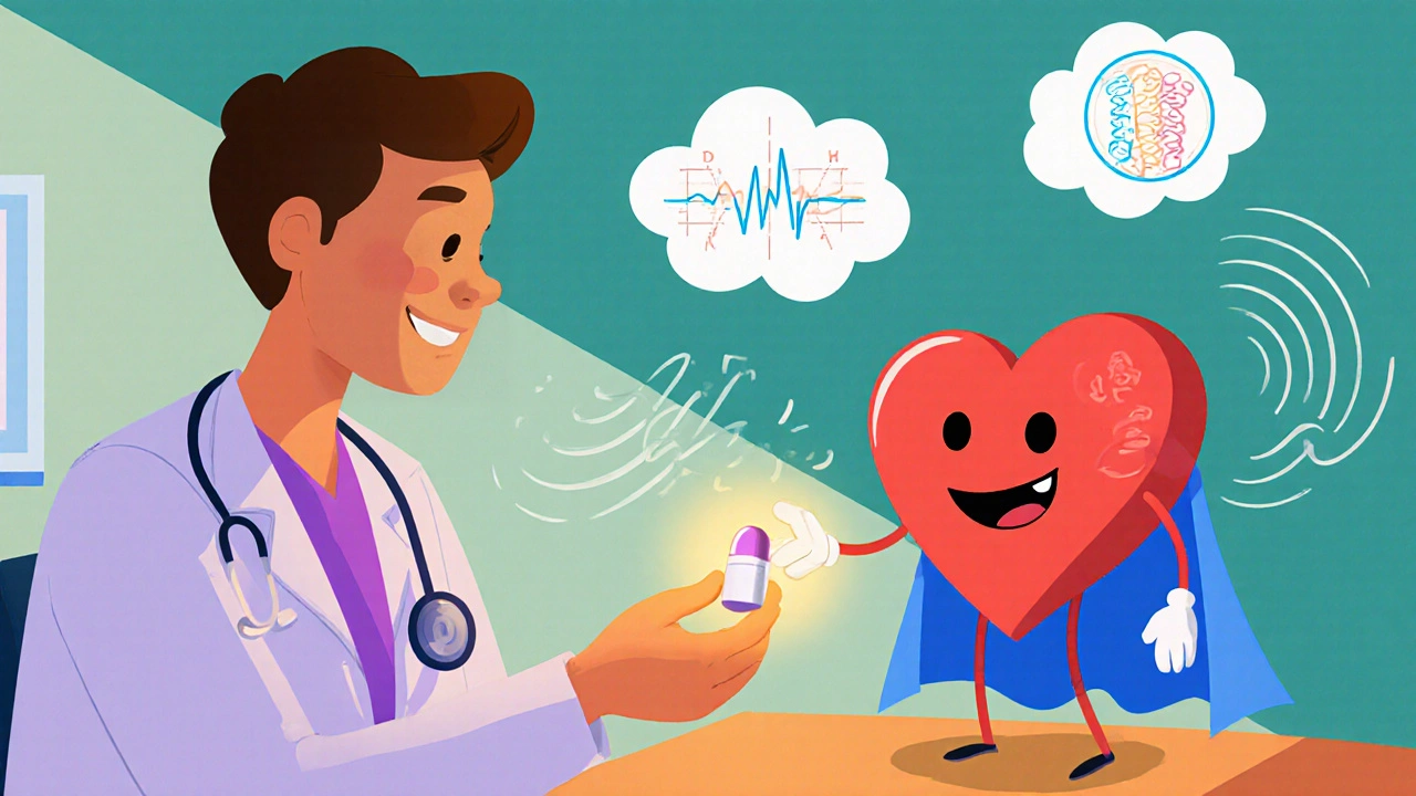 Doctor giving a glowing pill to patient while a calm animated heart slows its pulse.