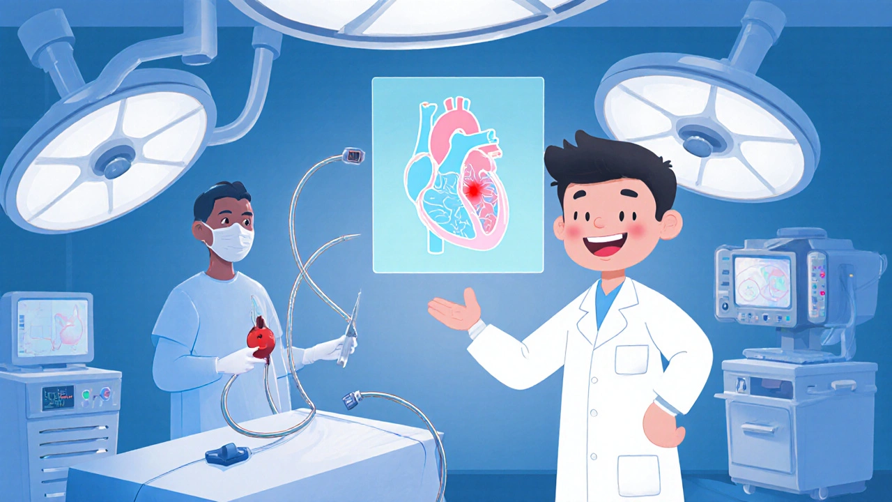 Doctor guiding catheters into a cartoon heart with a glowing 3D map.