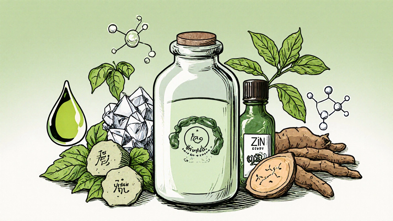 Eight natural acne‑treating ingredients displayed around a central vial.