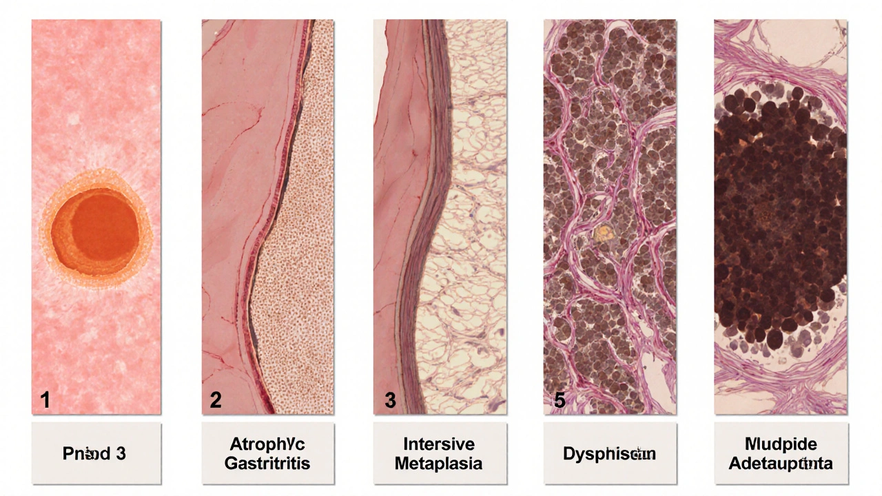 Five-panel illustration showing stages from ulcer to gastric cancer.