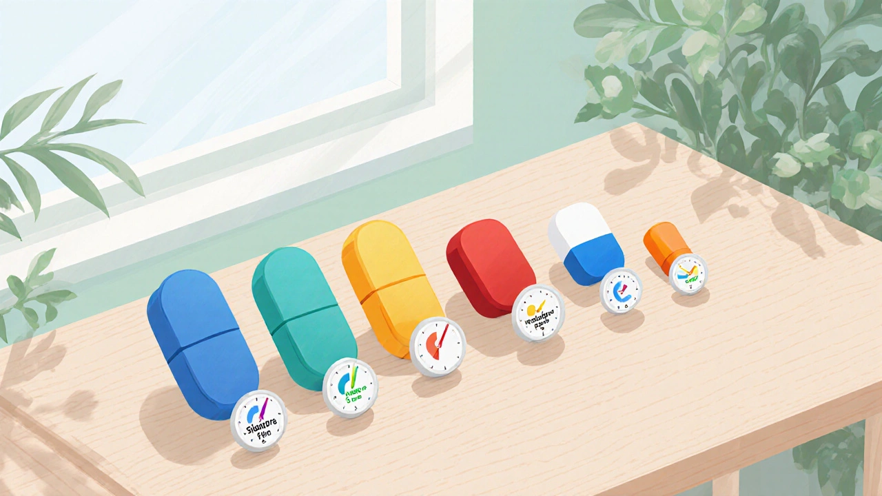 Flat‑lay of various ED pills with clock icons indicating onset times.