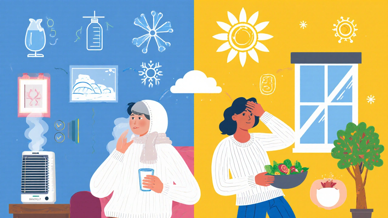 Flat vector of a person using humidifier, sunscreen, and water bottle with seasonal icons.