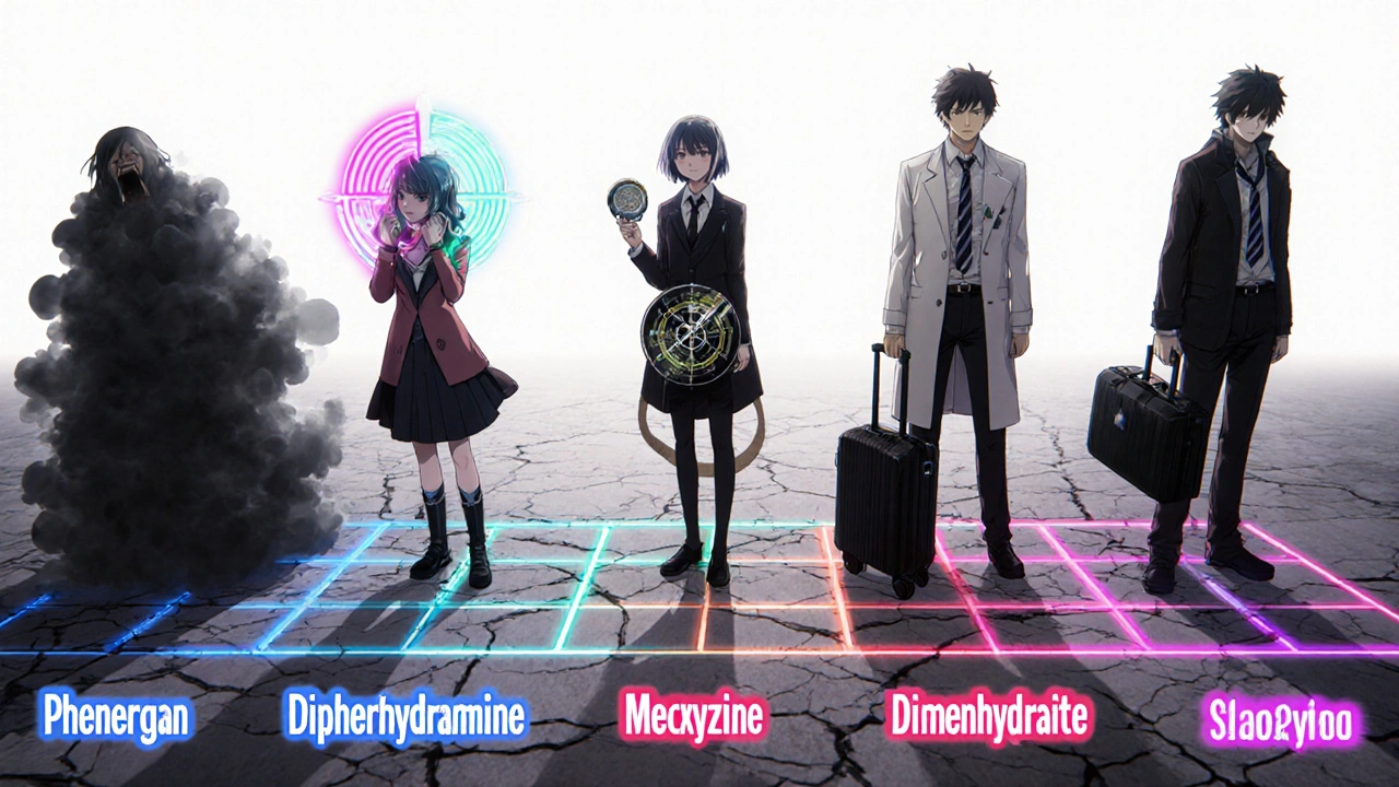 Four characters representing different antihistamines, each showing their sedation level.