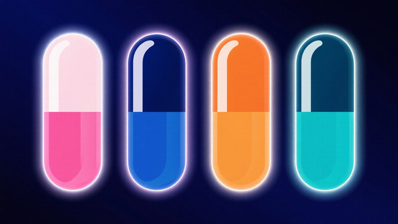 Four colored pills float over a dark background, each surrounded by glowing arcs showing different onset and duration.