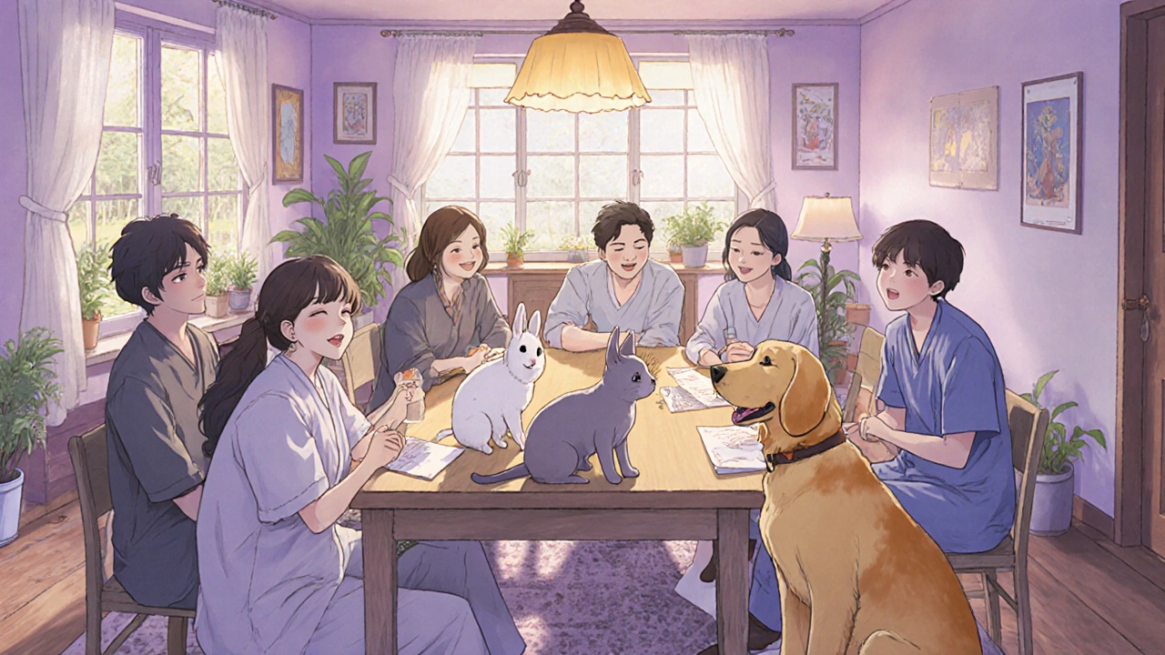 Group of patients interacting with a dog, cat, and rabbit in a cozy community room.