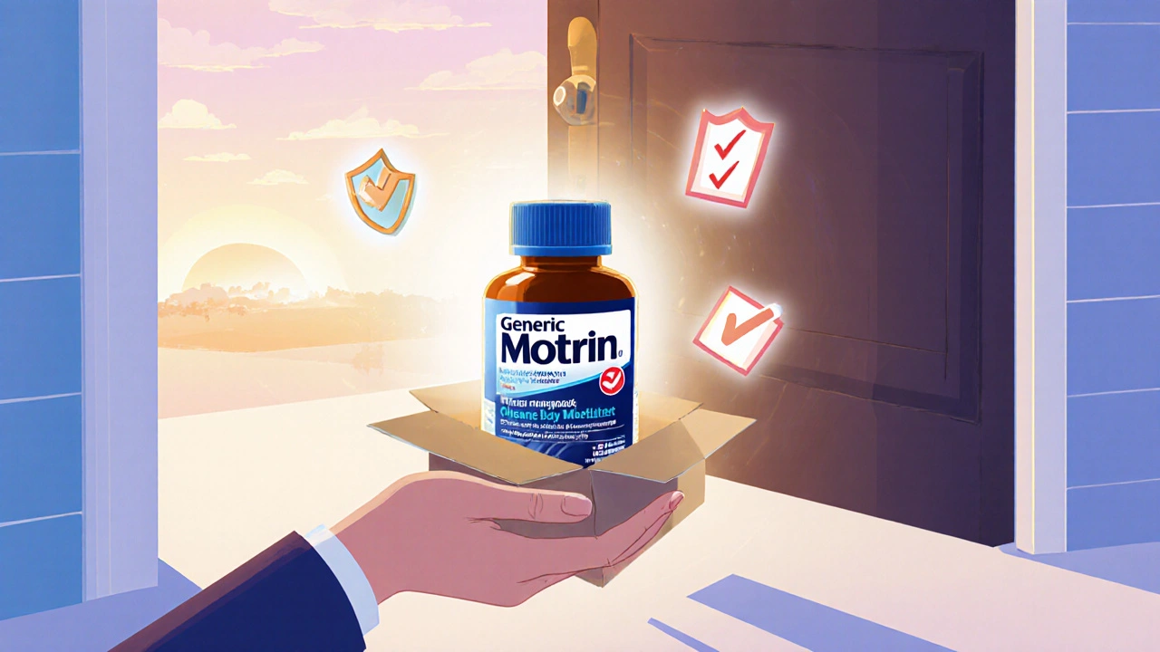 Hand opening delivered package revealing sealed generic Motrin bottle with checklist icons.