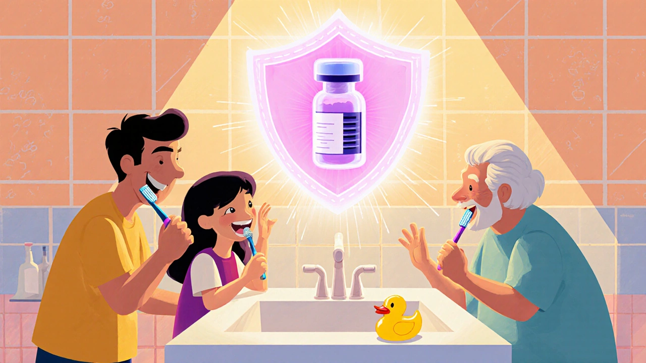Happy family brushing teeth under a glowing vaccine shield.