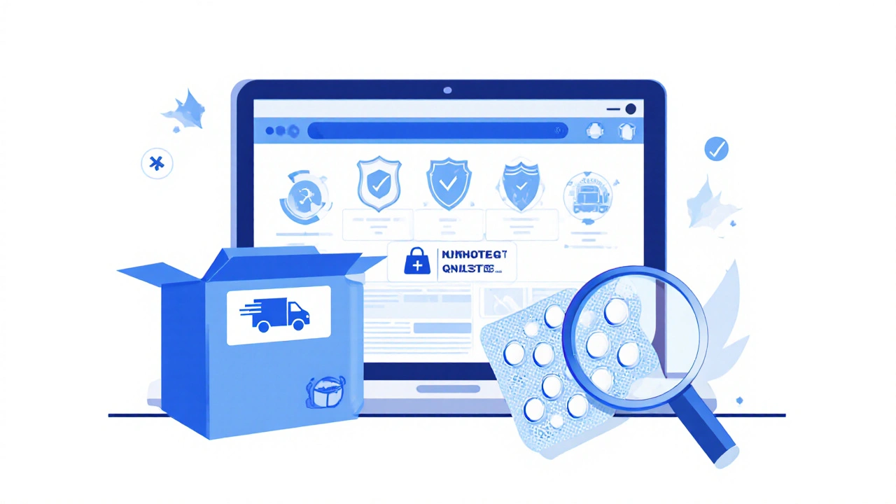 Illustration of online pharmacy page with accreditation icons and sealed box showing ibuprofen blister pack.