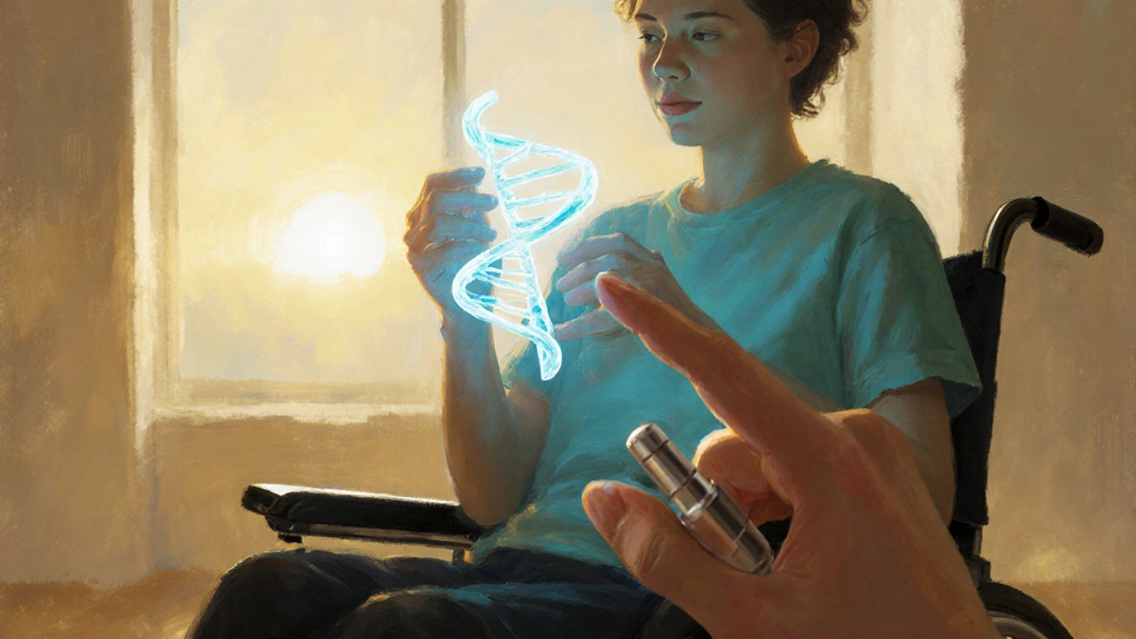 Individual holding glowing DNA helix and implant device in bright hopeful setting.