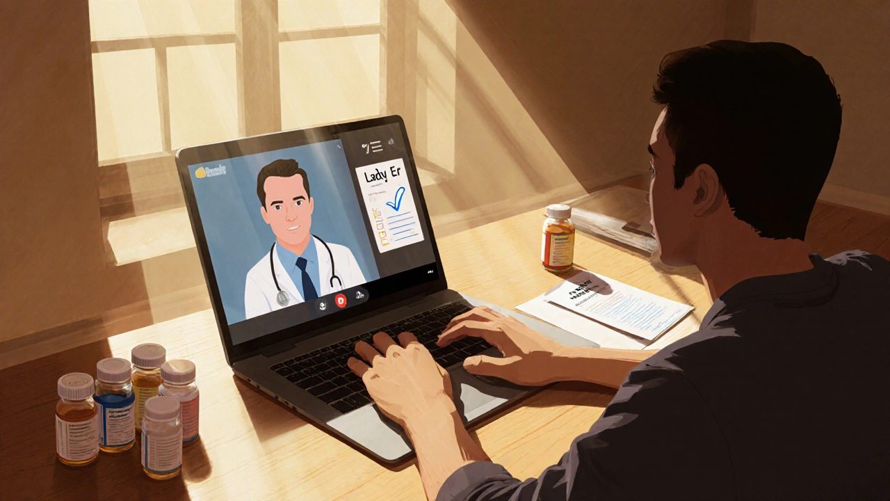 Man at a desk using a laptop for a tele‑health consult, with a prescription pad and a bottle of Lady Era beside several other pills.