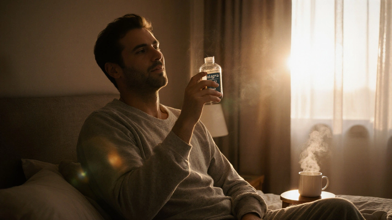 Man relaxing in bedroom at sunrise with Malegra FXT bottle on nightstand.
