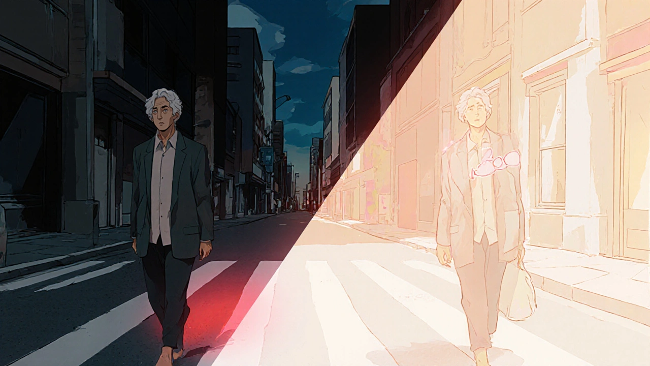 Man walking in a city, left side shows ankle swelling, right side shows clear ankle and stable pulse.