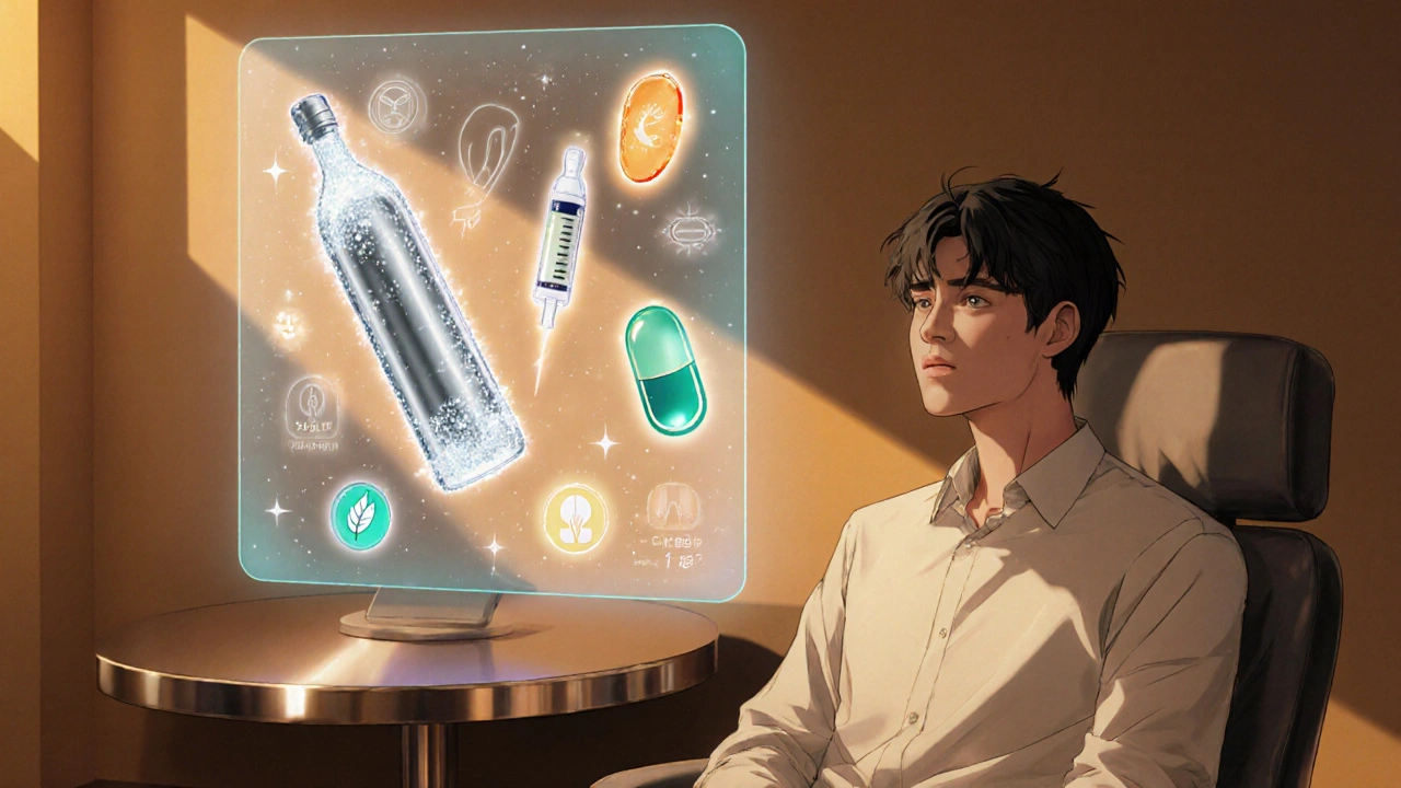 Patient considering floating icons of diabetes drug classes in a clinic.