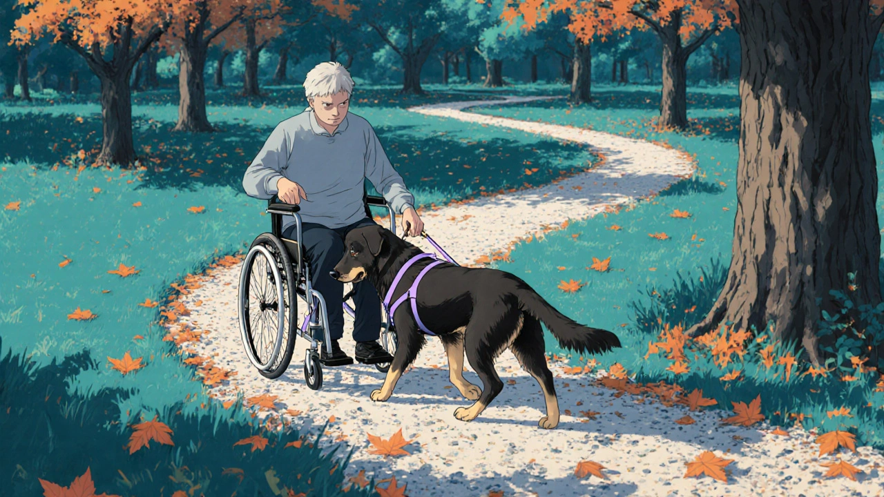 Patient in a wheelchair walking with a therapy dog on a dappled autumn park path.