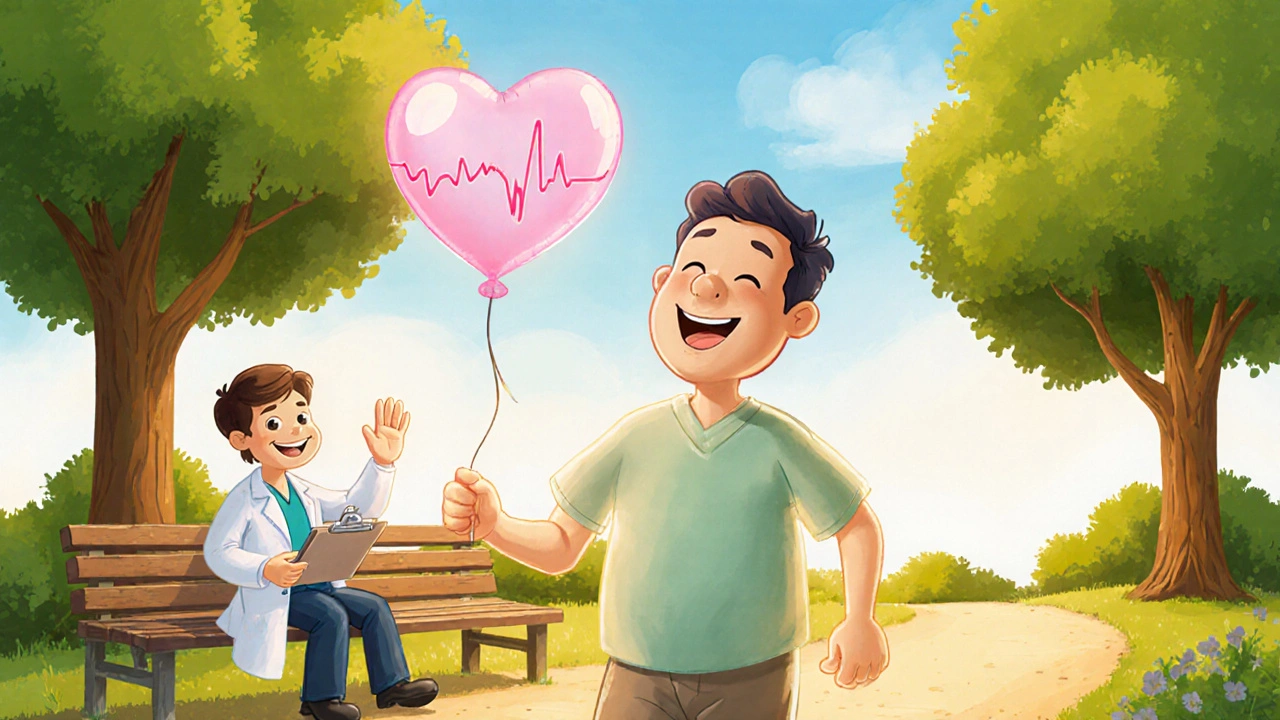Patient walking happily in a sunny park with a calm, glowing heart balloon.
