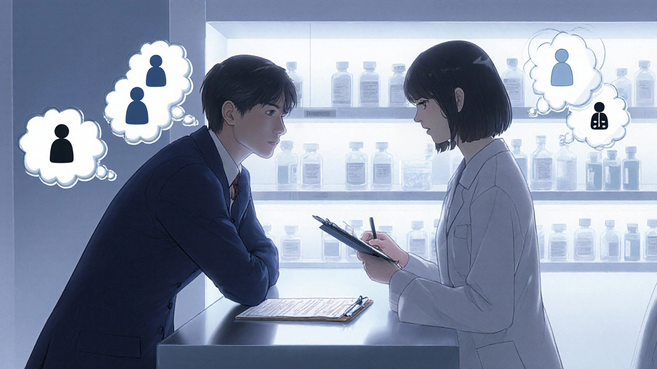 Pharmacist advising a patient, with medication bottles and thought bubbles of drug options.