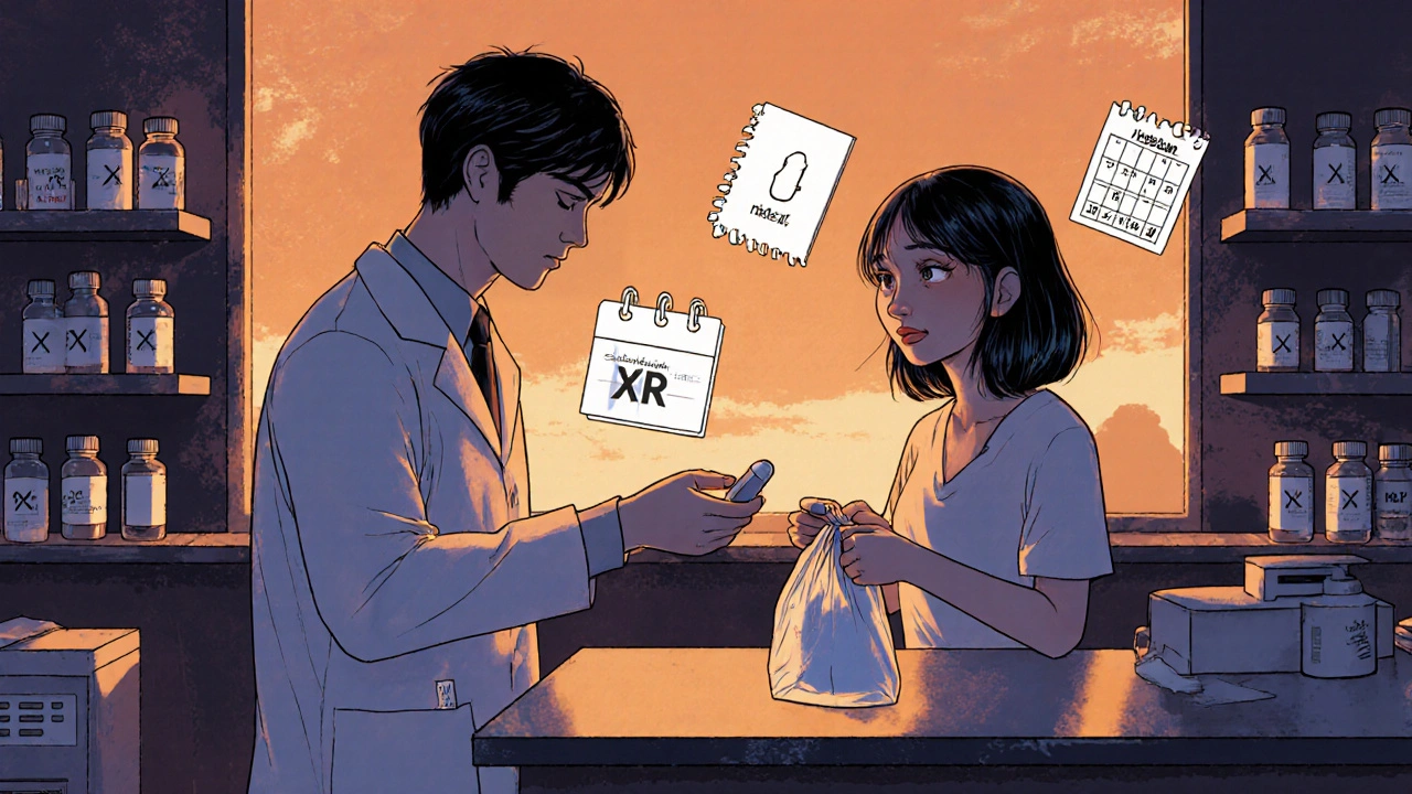 Pharmacist giving XR pill to patient, with calendar and subtle price icon indicating cost.