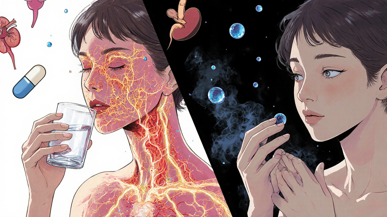 Split-panel illustration of oral and topical spironolactone treatment with internal and external healing symbols.