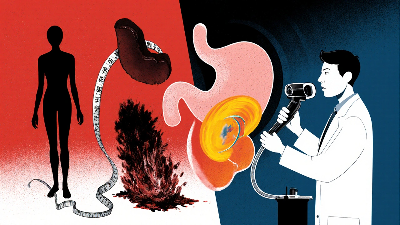 Split scene of warning signs and a doctor performing an endoscopy.