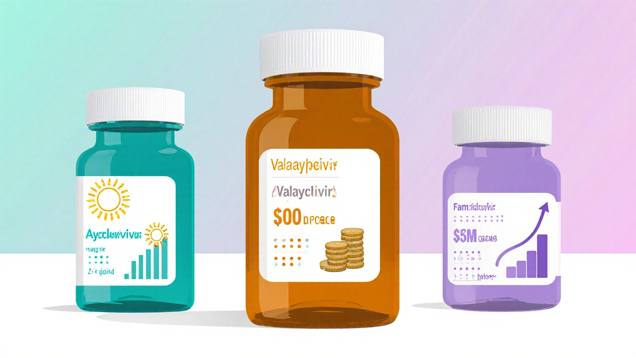 Three colored pill bottles with visual cues for dosage, cost, and effectiveness.