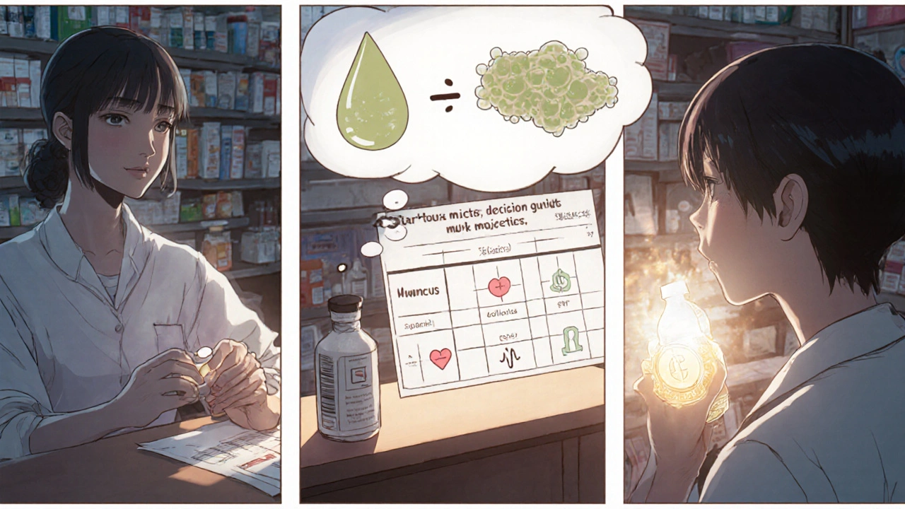Three‑panel manga guide of a patient choosing a mucolytic at a pharmacy counter.