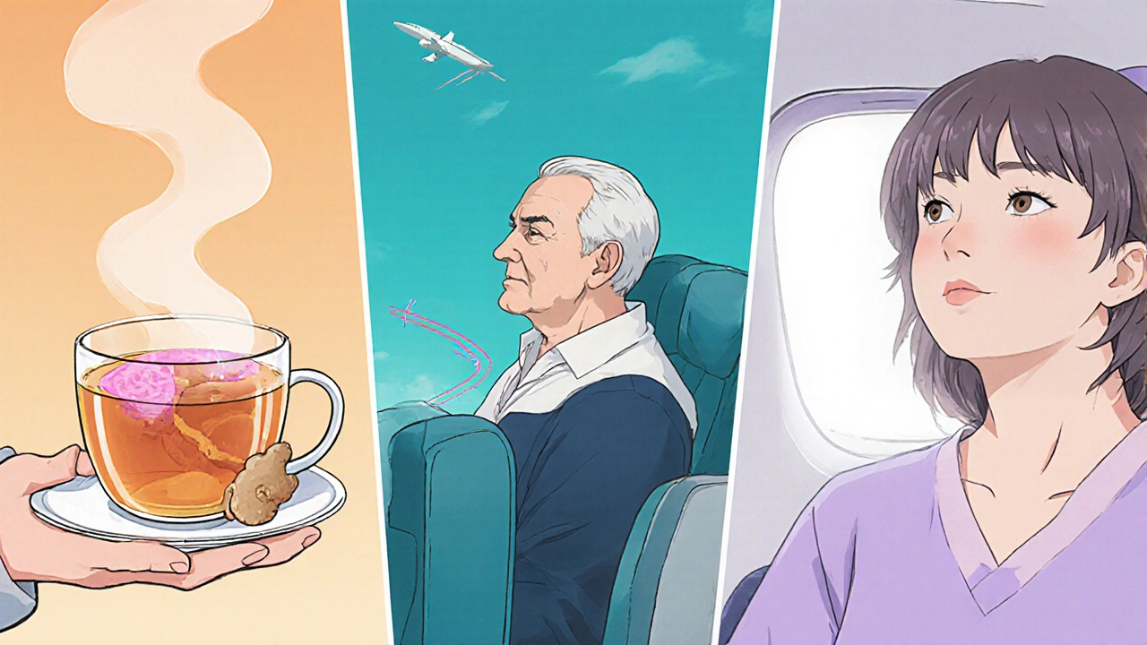 Three panels: ginger tea, optimal seat choice, and slow breathing exercise for seniors.