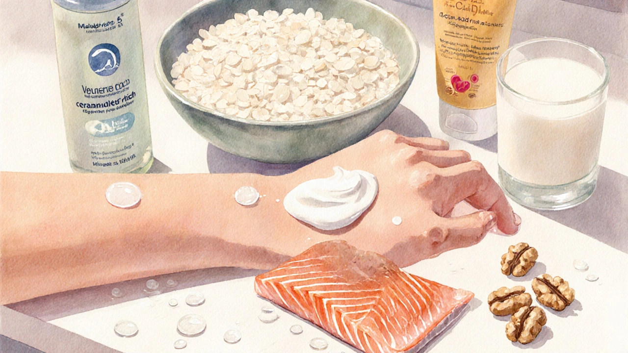 Watercolor of skincare products, food, and a hand applying cream to skin.