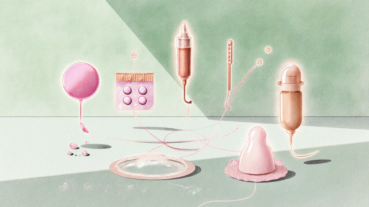 Watercolor spread of pill, IUDs, implant, condom with glowing lines showing mechanisms.