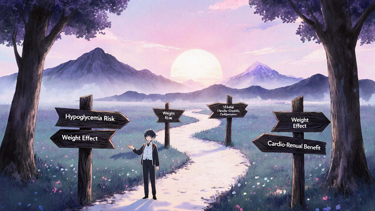 Winding path with signposts for cost, hypoglycemia, weight, and cardio‑renal benefits.
