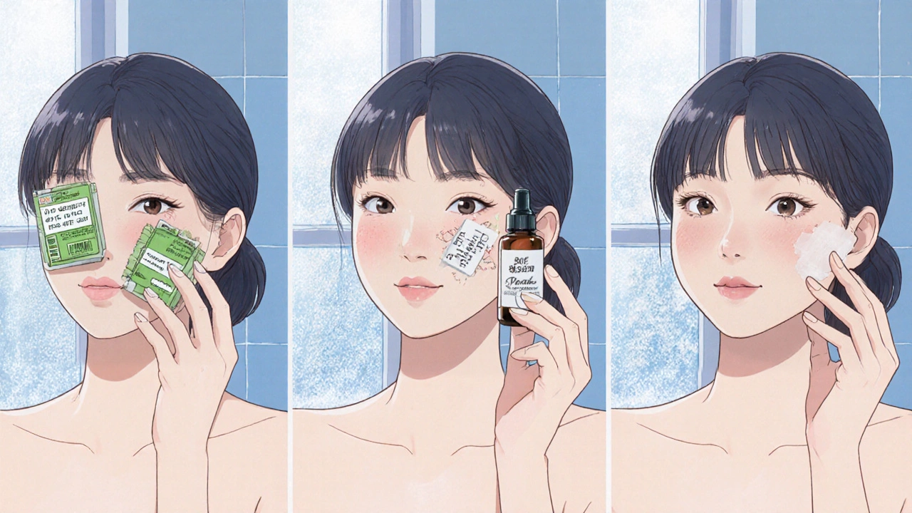 Woman applying a multi‑step natural skincare routine to treat acne.