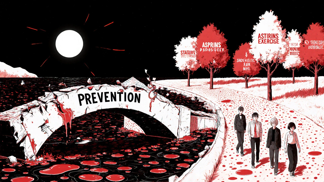 A collapsing aspirin bridge over a bleeding river, while healthy lifestyle choices flourish safely on the other shore.