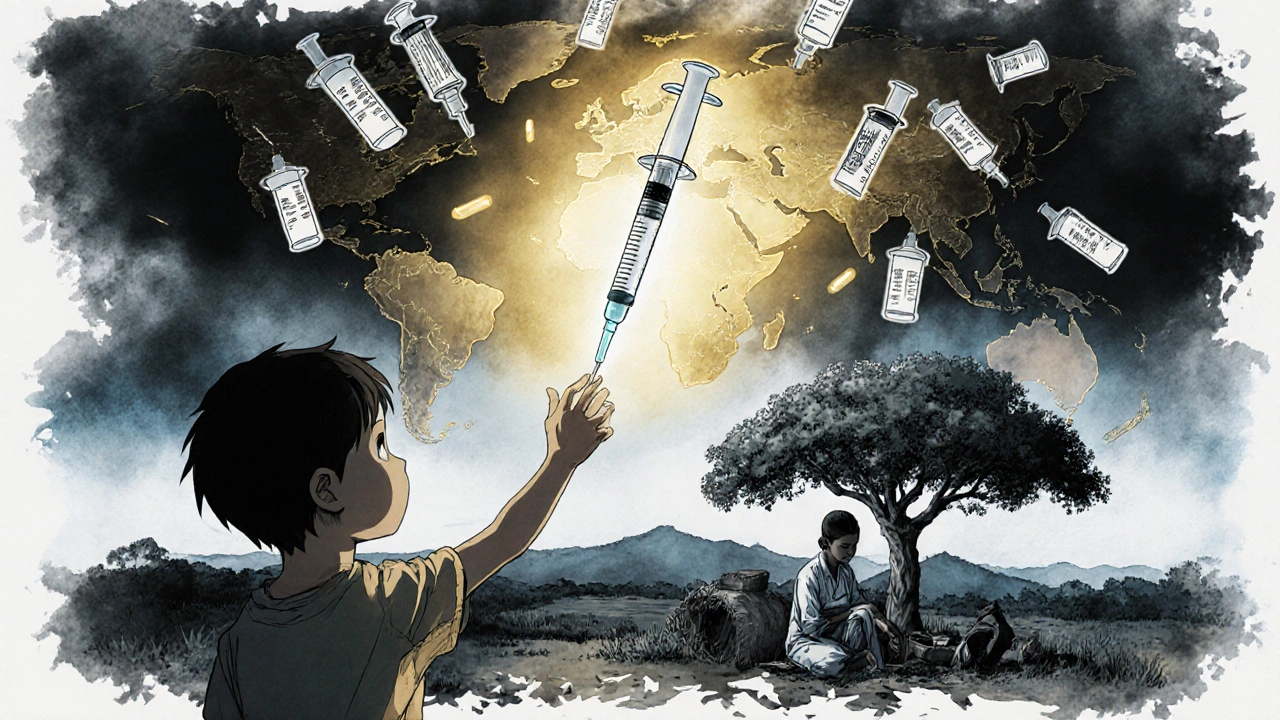 A global map transforming into syringes and pills, with a community health worker giving a shot under a tree.