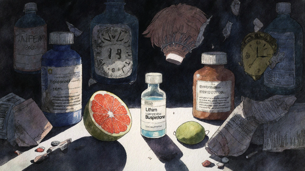 A glowing buspirone vial stands among discarded psychiatric meds, surrounded by symbols of restored life and joy.