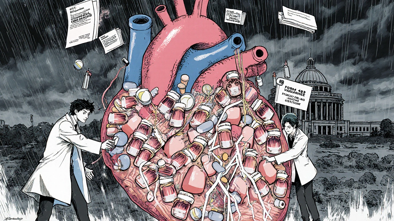 A mechanical heart made of pills and legal papers, pulsing with bioequivalence data streams, tiny figures repairing it.