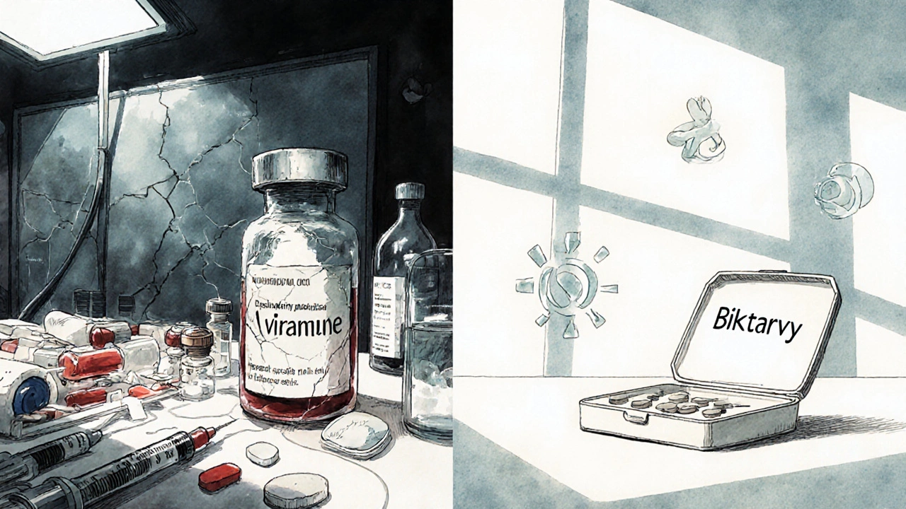 A medical table divided between chaotic Viramune supplies and clean modern HIV pills in sunlight.