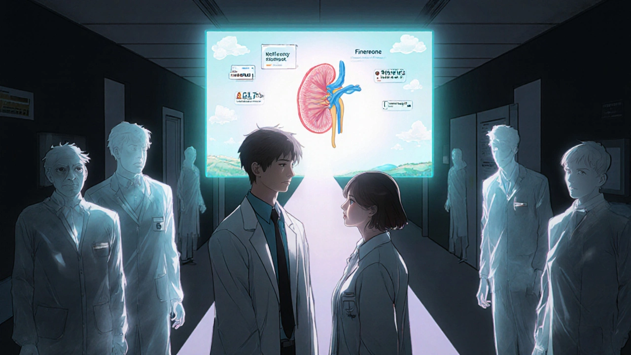 A medical team stands before a digital alert screen, walking toward a shield protecting a healthy kidney.