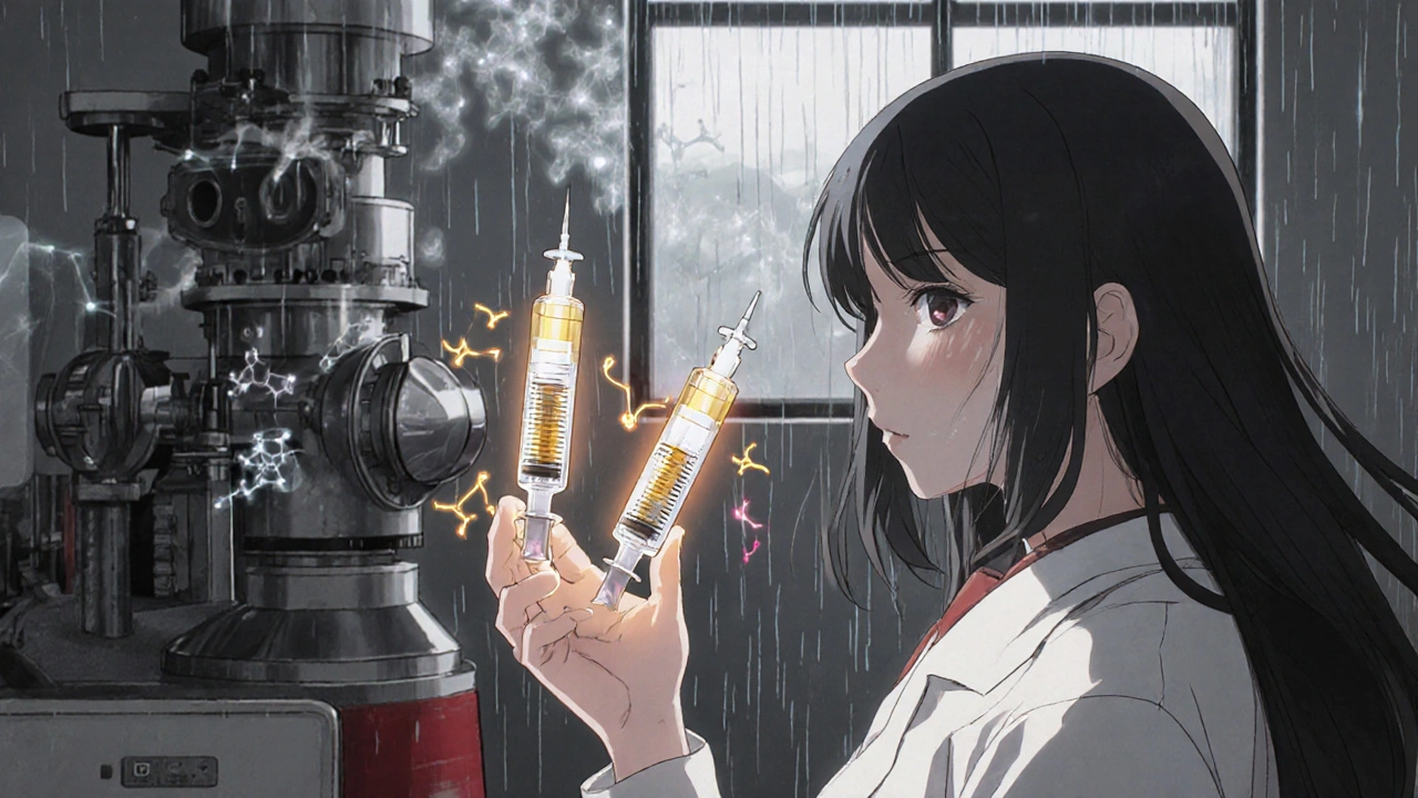 A patient's hand reaching for two syringes with different auras, molecular chains rippling around them.