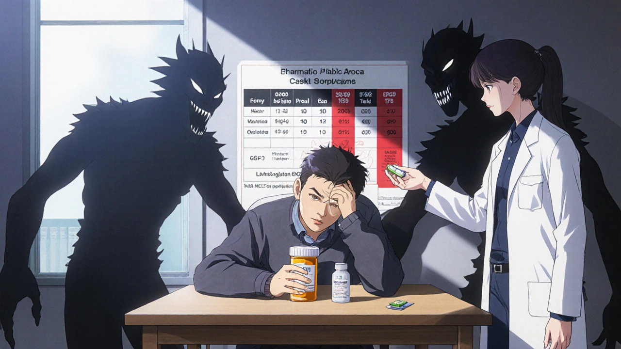 A patient facing shadowy dangerous medications, while a pharmacist offers a safe alternative pill.