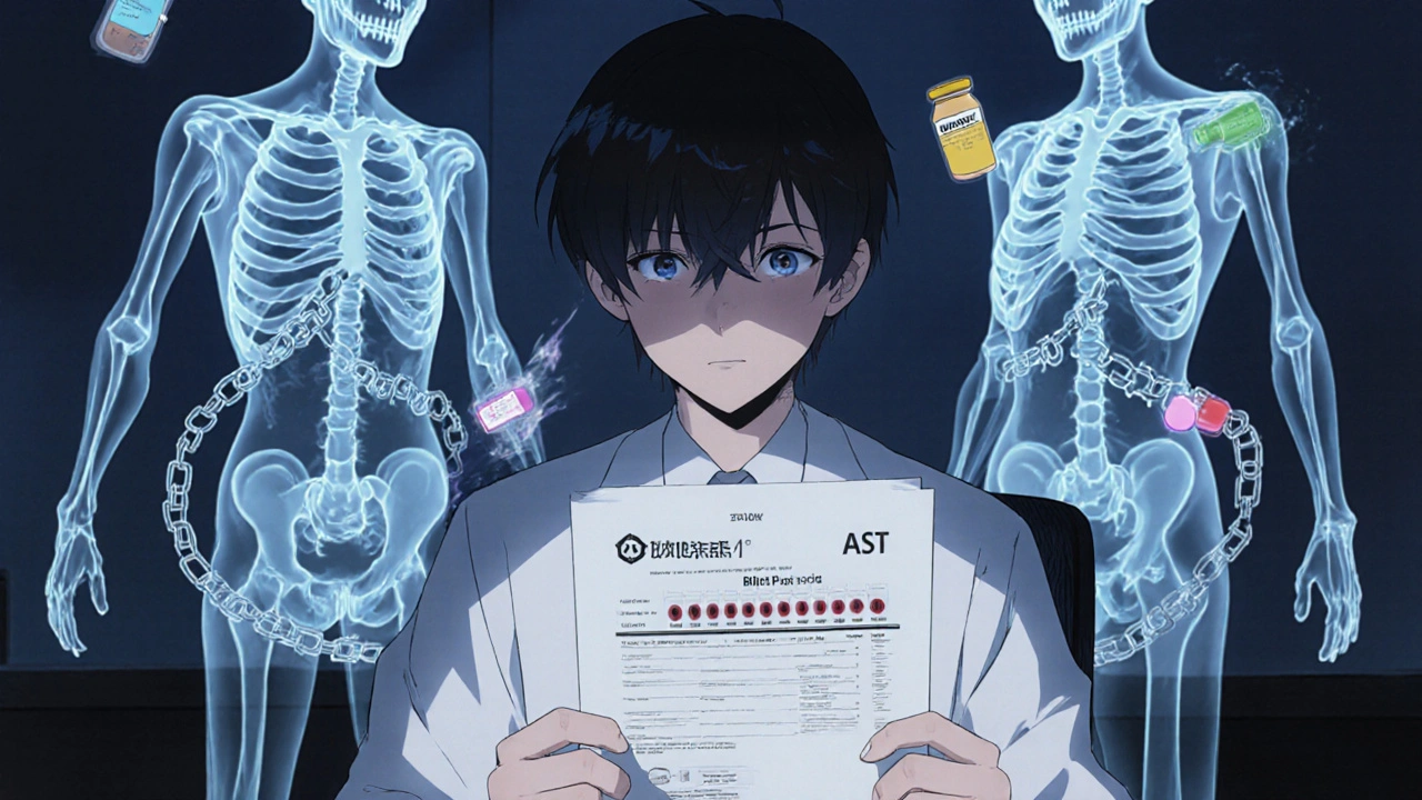 A patient surrounded by spectral drug chains in a doctor’s office, holding a blood test with alarming liver enzyme levels.