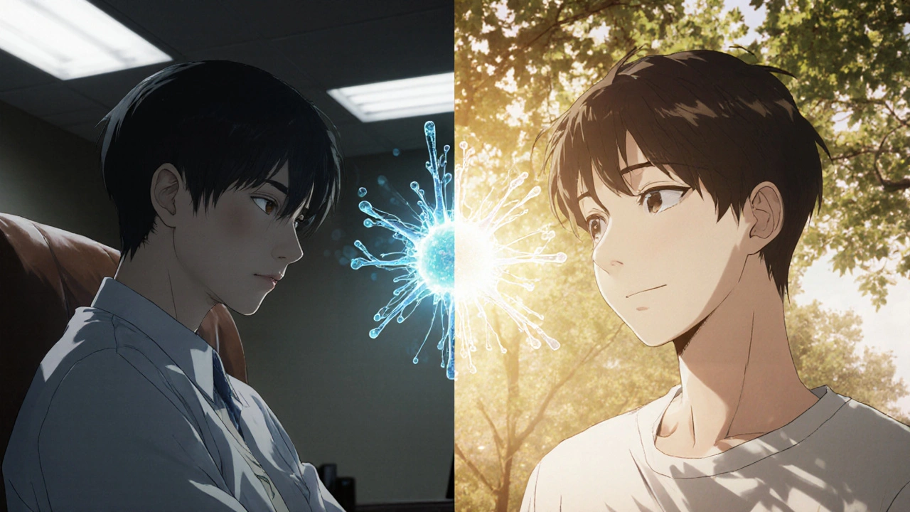 A patient transforms from emotionally flat to hopeful, with neural pathways connecting SSRIs to buspirone in the background.