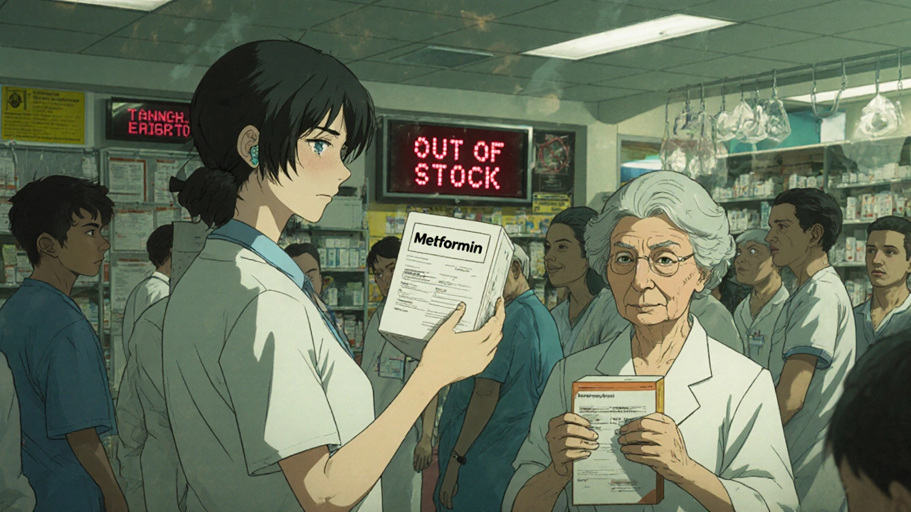 A pharmacist holds an empty metformin box as an elderly patient waits anxiously in a crowded pharmacy.