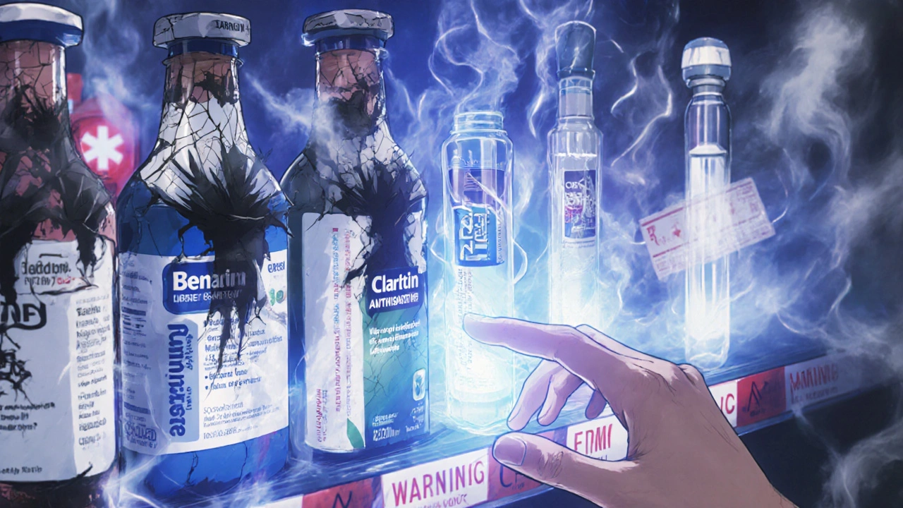 A pharmacy shelf transformed into a nervous system, with dangerous drugs oozing smoke and safe ones glowing cleanly.